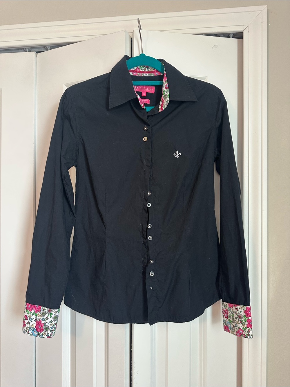 Black Button-Down Shirt with Floral Trim - Ladies